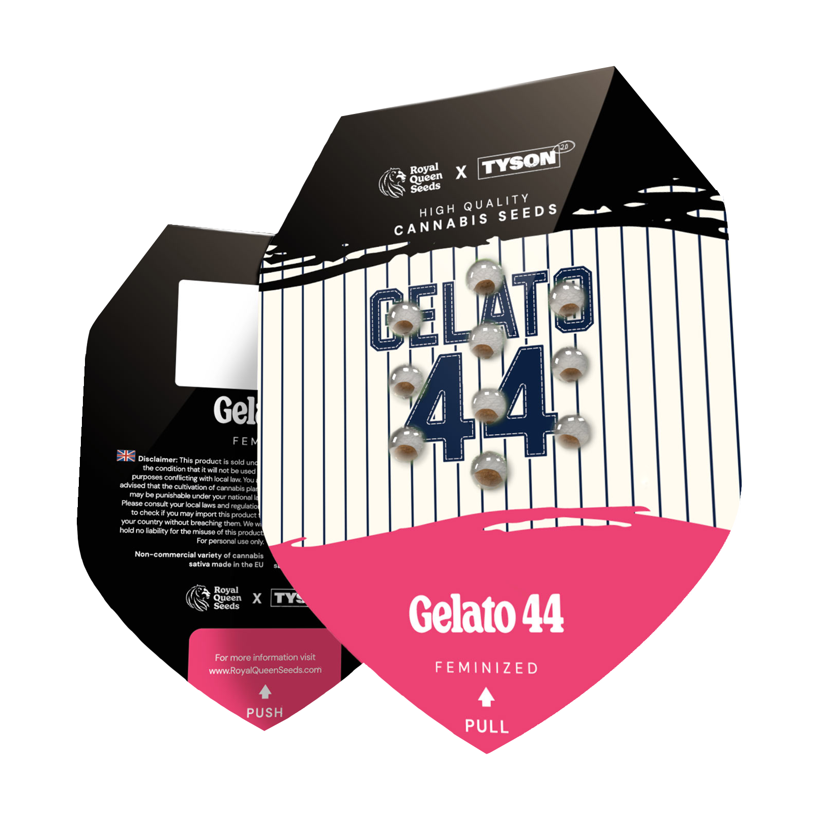 Royal Queen Seeds und Tyson 2.0 Verpackung zeigt Gelato 44 feminisierte Cannabis Samen auf einem Baseballfeld Hintergrund mit pinken Farbklecksen und braunen Samen in durchsichtigen Kugeln