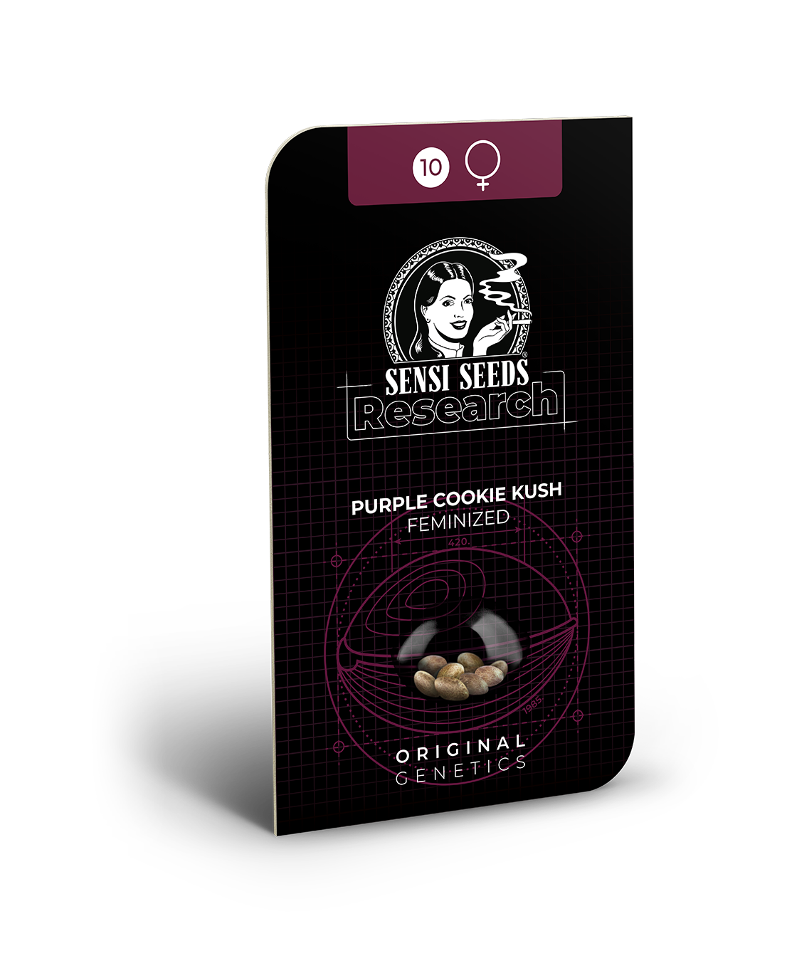 Freigestellte Verpackung von Purple Cookie Kush Hanfsamen und Cannabis Samen zum Anbauen