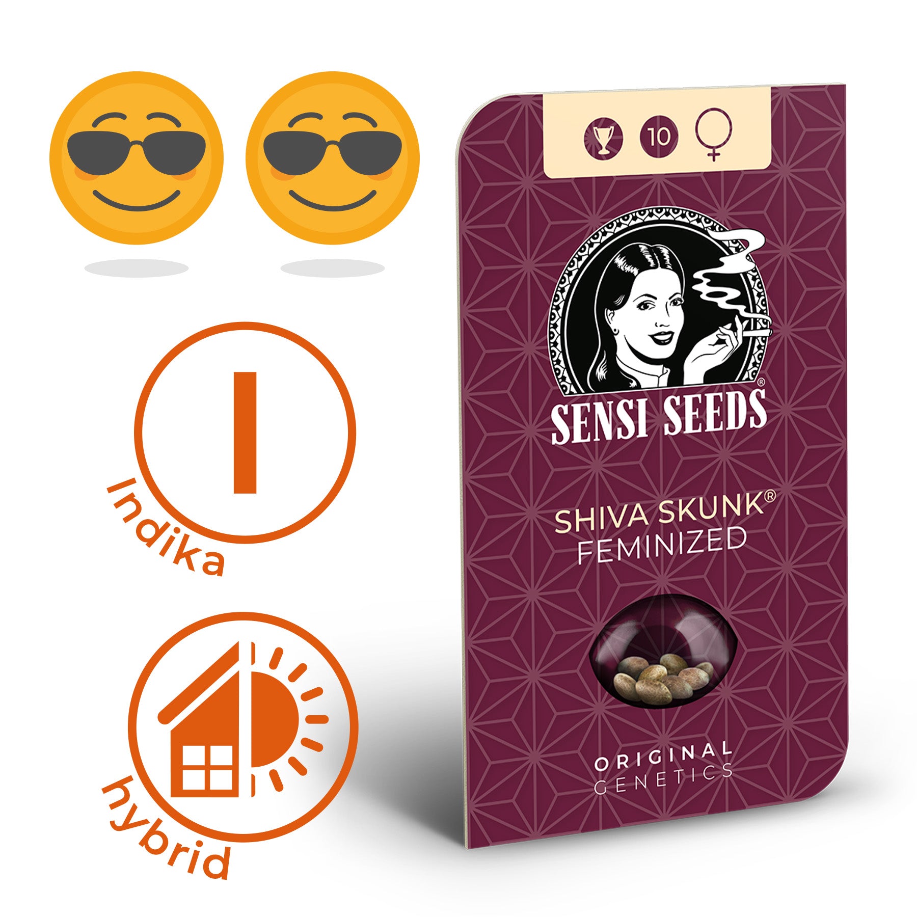 Shiva Skunk Femin. Hanfsamen bzw. Cannabis Samen mit Beschreibung der Wirkung (sehr entspannend, Ruhe) und Sorte (Indica)