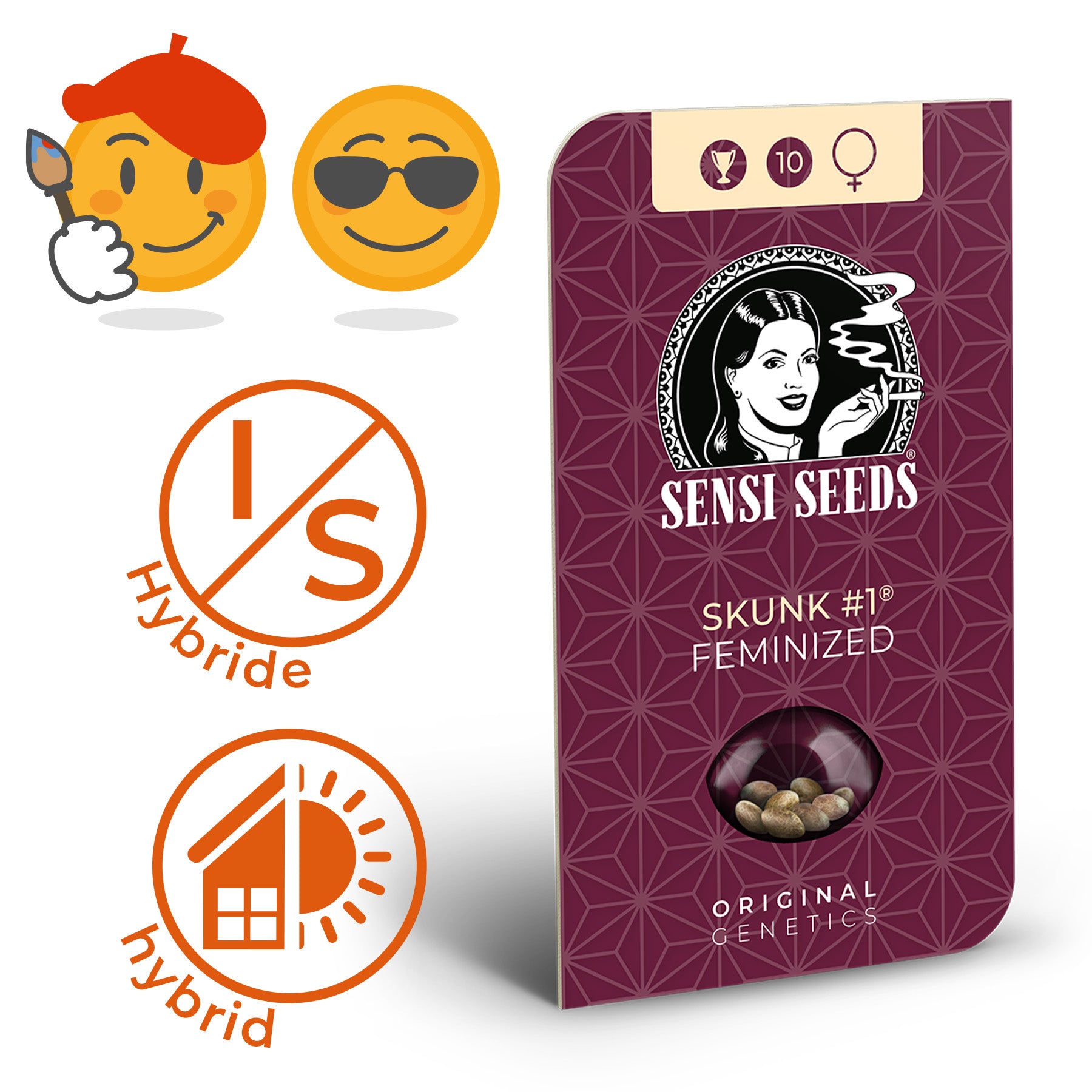 Skunk #1 Feminized Hanfsamen bzw. Cannabis Samen mit Beschreibung der Wirkung (kreativ, entspannend) und Sorte (Hybrid)