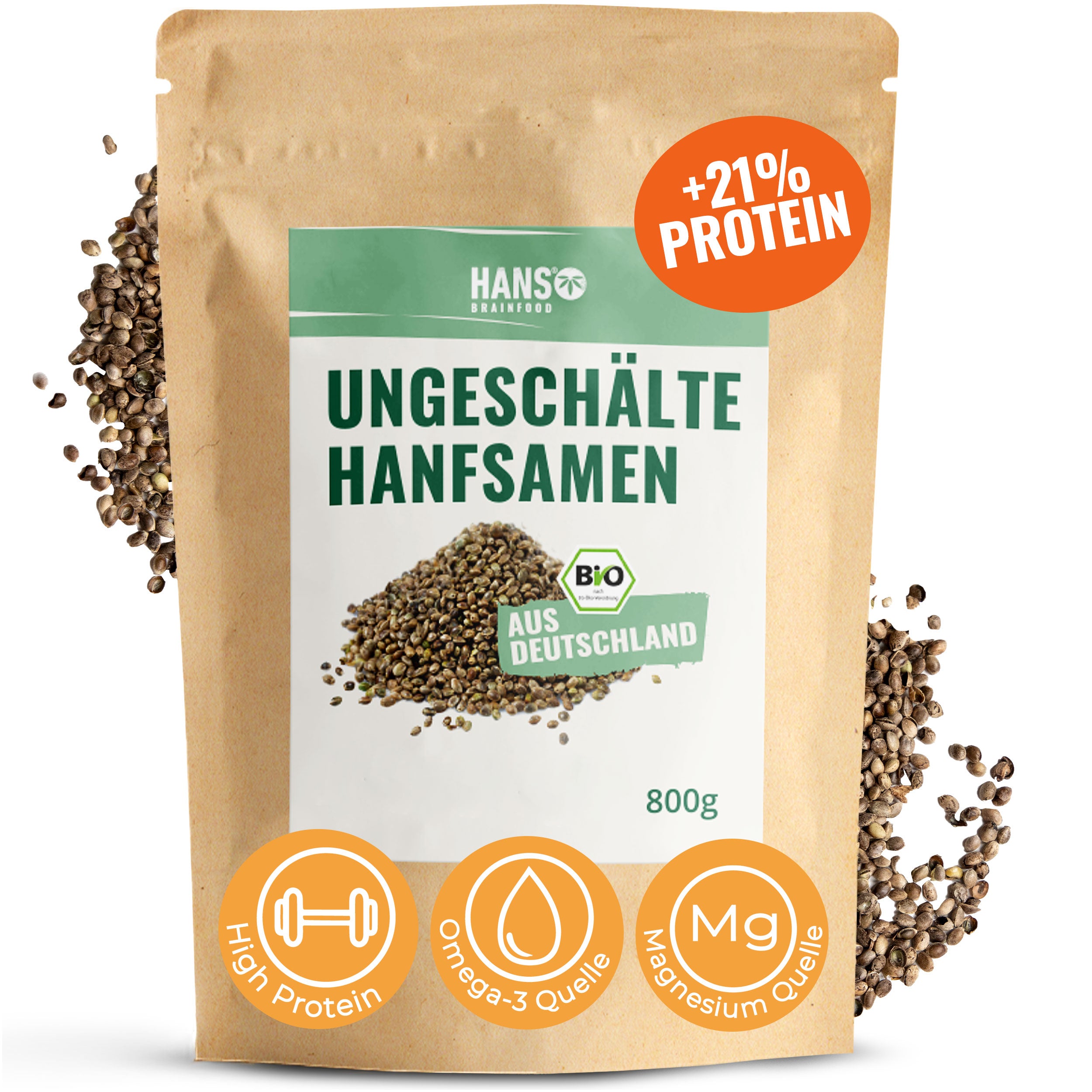Obrázek produktu Hanso Brainfood: 800g balení neloupaných konopných semínek z Německa s pečetí bio, vysokým obsahem bílkovin a hořčíku a poutavými oranžovými logy.
