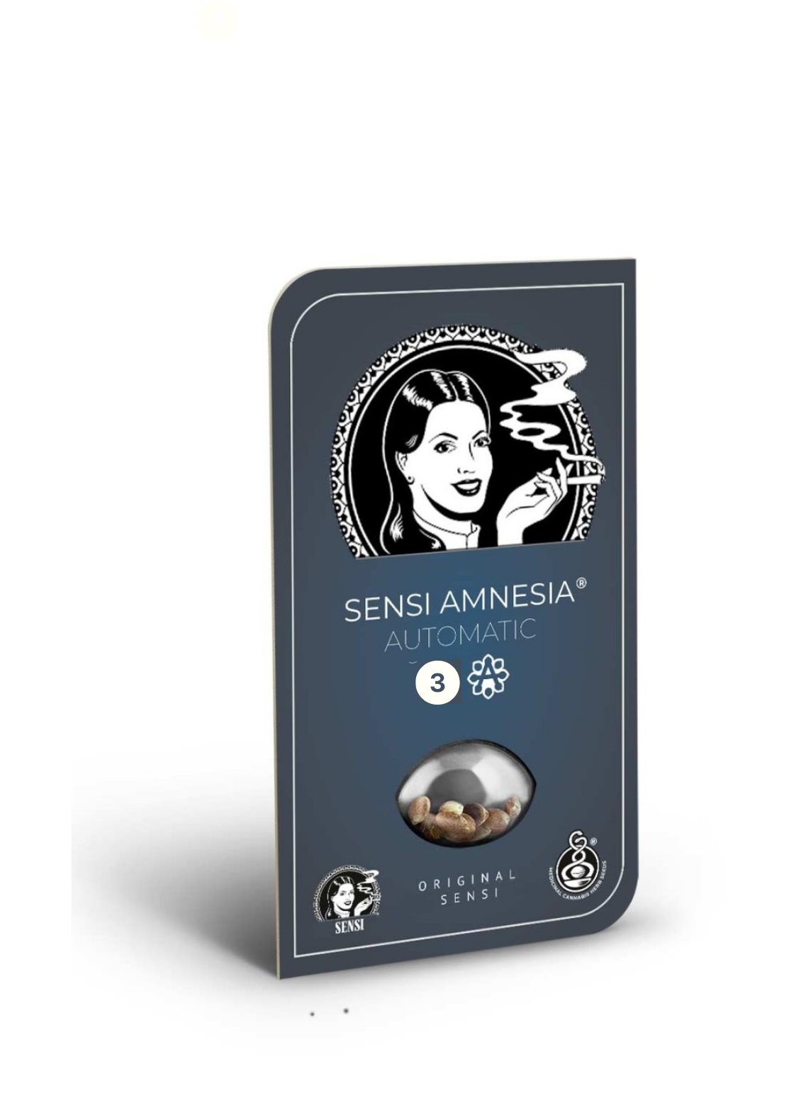Grafický design Sensi Seeds s retro ženou kouřící cigaretu na tmavě modrém pozadí se třemi semínky konopí v průhledné kapsli obklopené bílými a šedými kruhovými vzory.