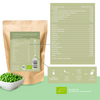 Bio Erbsenprotein Pulver von HANS Brainfood, zeigt eine Schüssel mit grünen Erbsen und einen braunen Beutel mit Bio-Zertifizierung und Zutatenliste,  enthält detaillierte Nährwertangaben und ein ansprechendes Design
