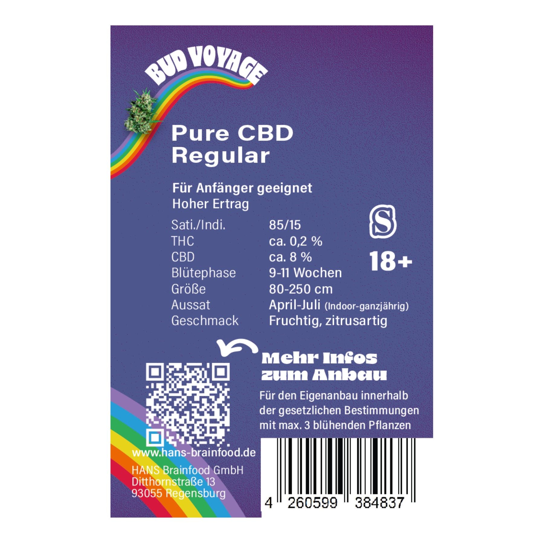 Grafický design od Hans Brainfood GmbH s živou duhou, rostlinou konopí a podrobnostmi o produktu včetně procentuálního obsahu CBD a THC, ovocných citrusových tónů a QR kódu s pokyny k pěstování.

