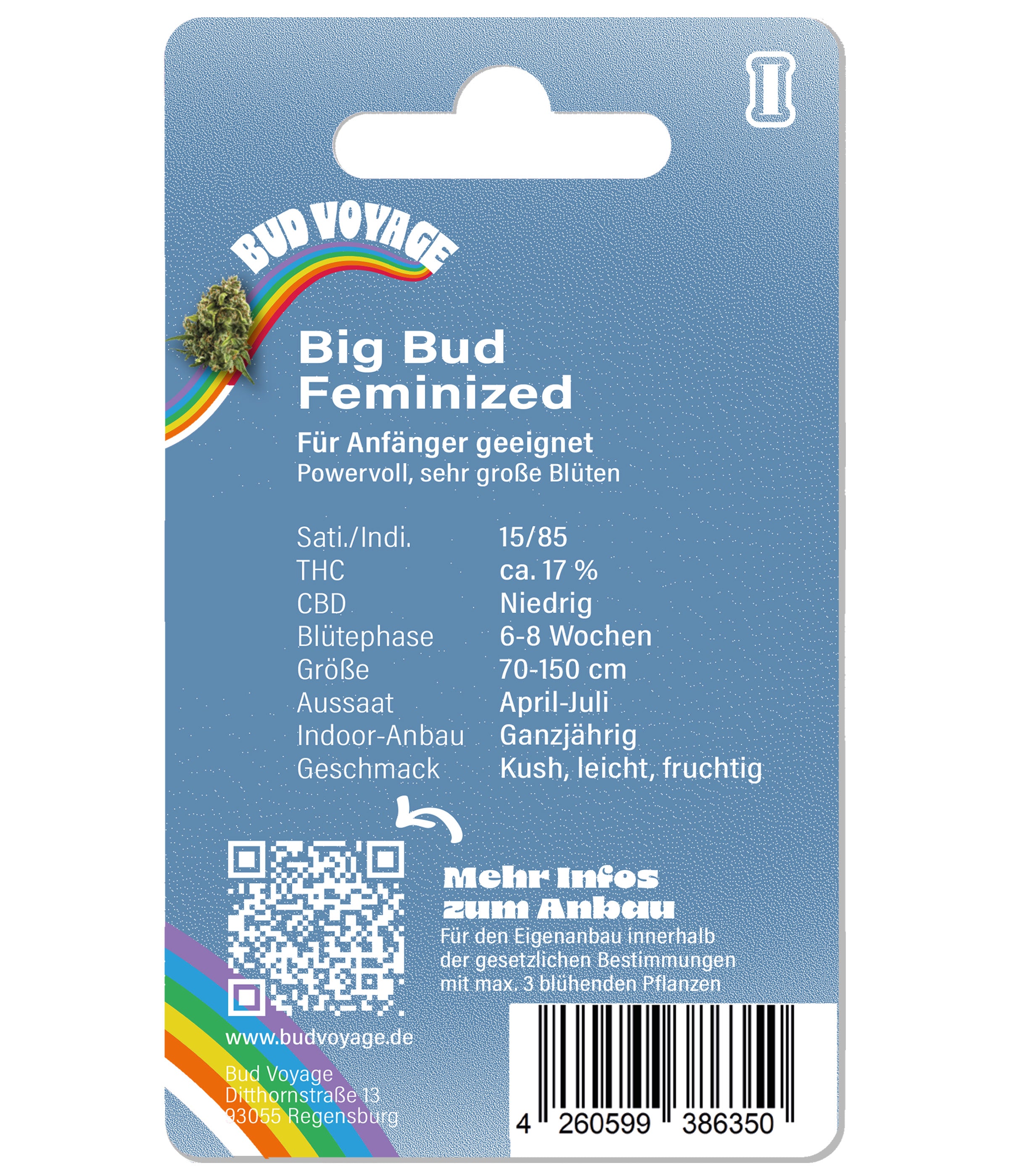 Bud Voyage Produktkarte zeigt Big Bud feminisierte Hanfsamen mit Regenbogen, QR-Code und detaillierter Produktinformation auf blauem Hintergrund
