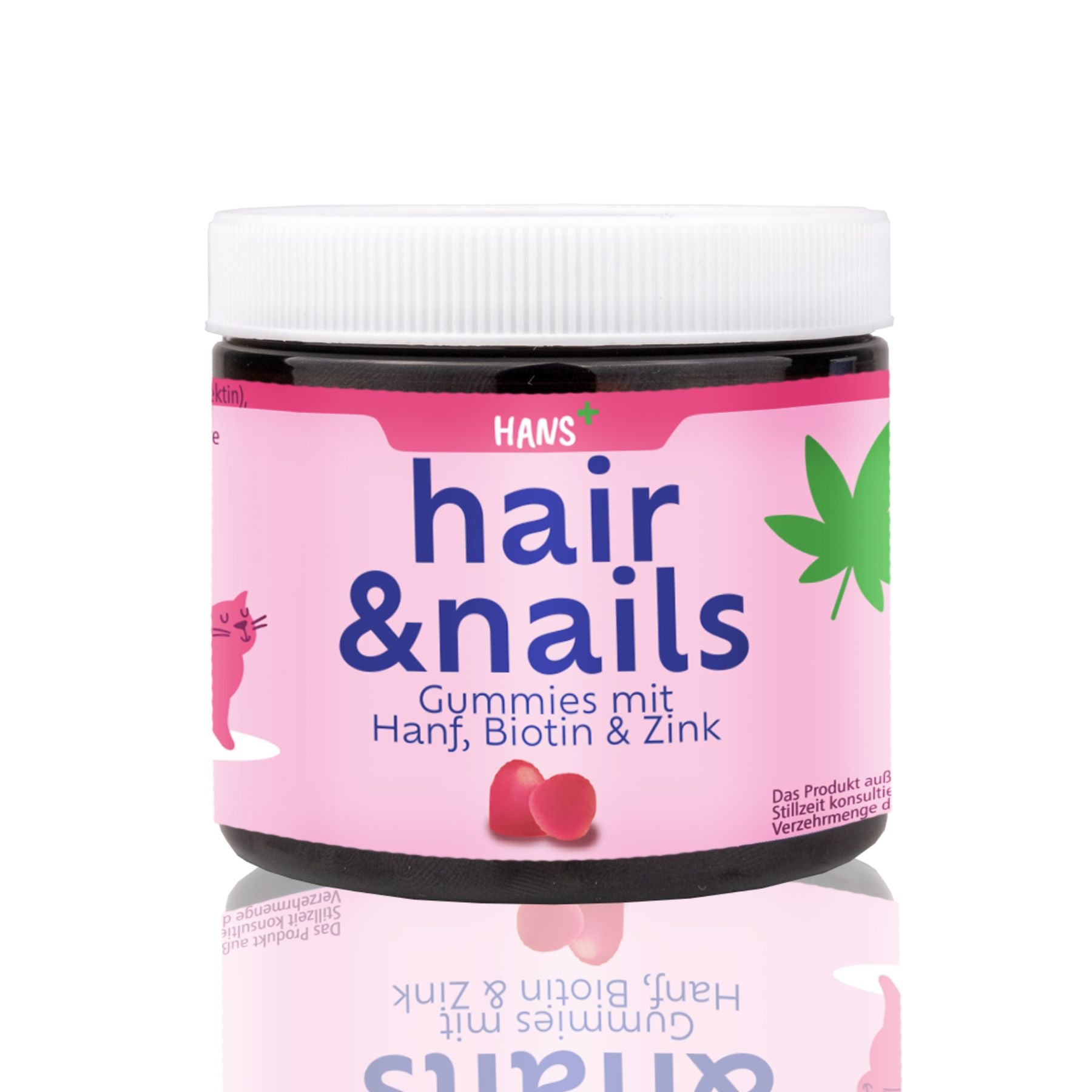 Obrázek produktu: Hans+ Hair & Nails Gummies s konopím, biotinem a zinkem v růžovém obalu s obrázkem kočky a konopného listu, na kterém jsou vyobrazeni gumoví medvídci ve tvaru srdíčka.