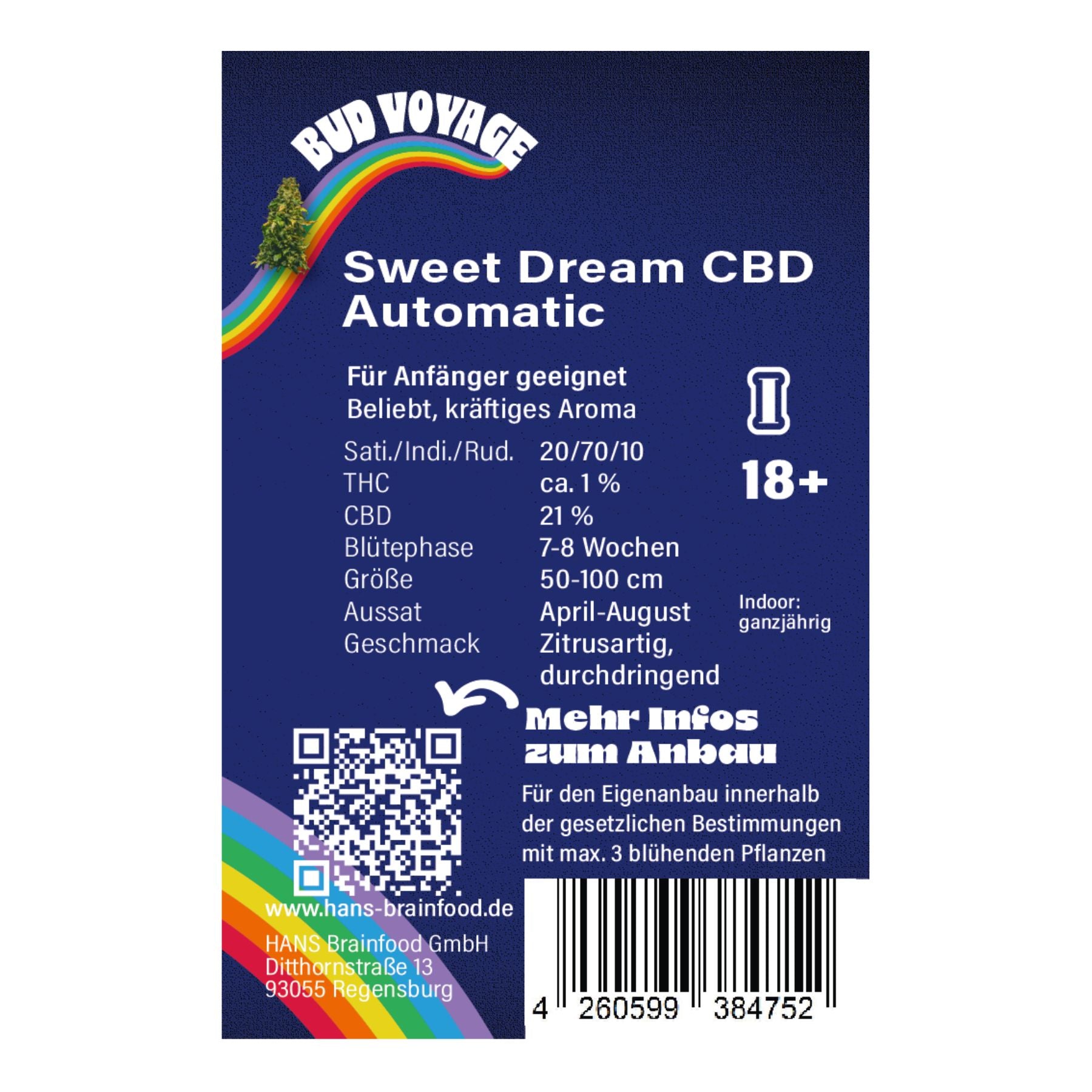 Grafika Hans Brainfood GmbH: Sweet Dream CBD Automatická rostlina konopí na duhovém pozadí s QR kódem a čárovým kódem, citrusově sladkým aroma a dobou kvetení 7-8 týdnů.
