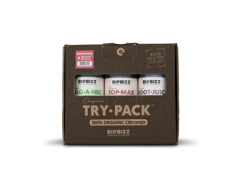 Fotografie produktu: Biobizz Original Try-Pack se třemi tekutými hnojivy Alg-a-mic, Top-Max a Root-Juice v hnědém obalu se zelenými, červenými a modrými akcenty a sloganem 100% certifikované bio.

