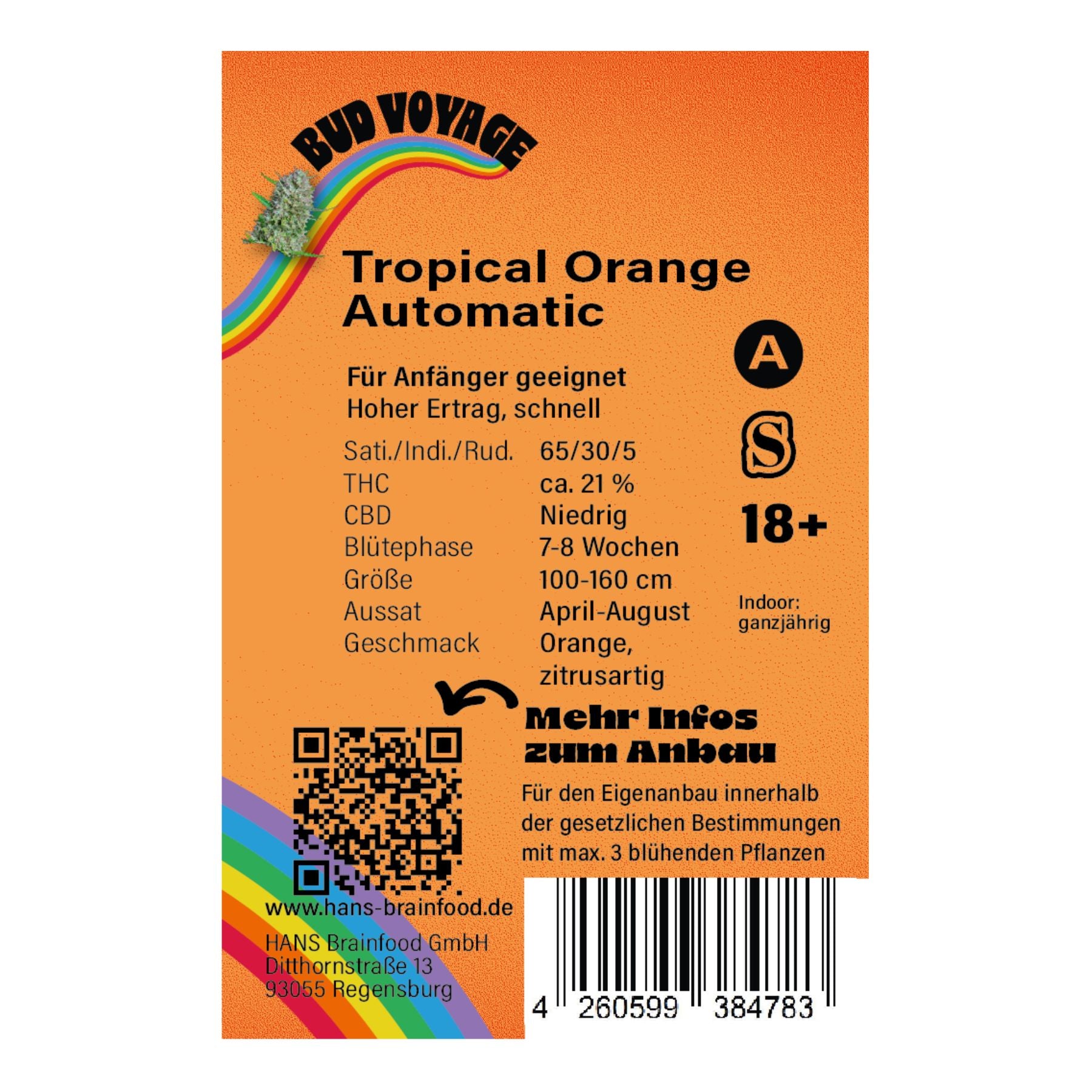 Grafik von HANS Brainfood GmbH:  Tropical Orange Automatic Samenpackung mit Regenbogen, QR-Code und  detaillierten Anbaueigenschaften in Orange und Schwarz
