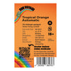 Grafik von HANS Brainfood GmbH:  Tropical Orange Automatic Samenpackung mit Regenbogen, QR-Code und  detaillierten Anbaueigenschaften in Orange und Schwarz
