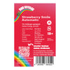 Grafik von Hans Brainfood GmbH zeigt die Cannabis-Sorte Strawberry Smile Automatic mit einem Regenbogen, QR-Code und Barcode, sowie Angaben zu THC-Gehalt und Blütezeit
