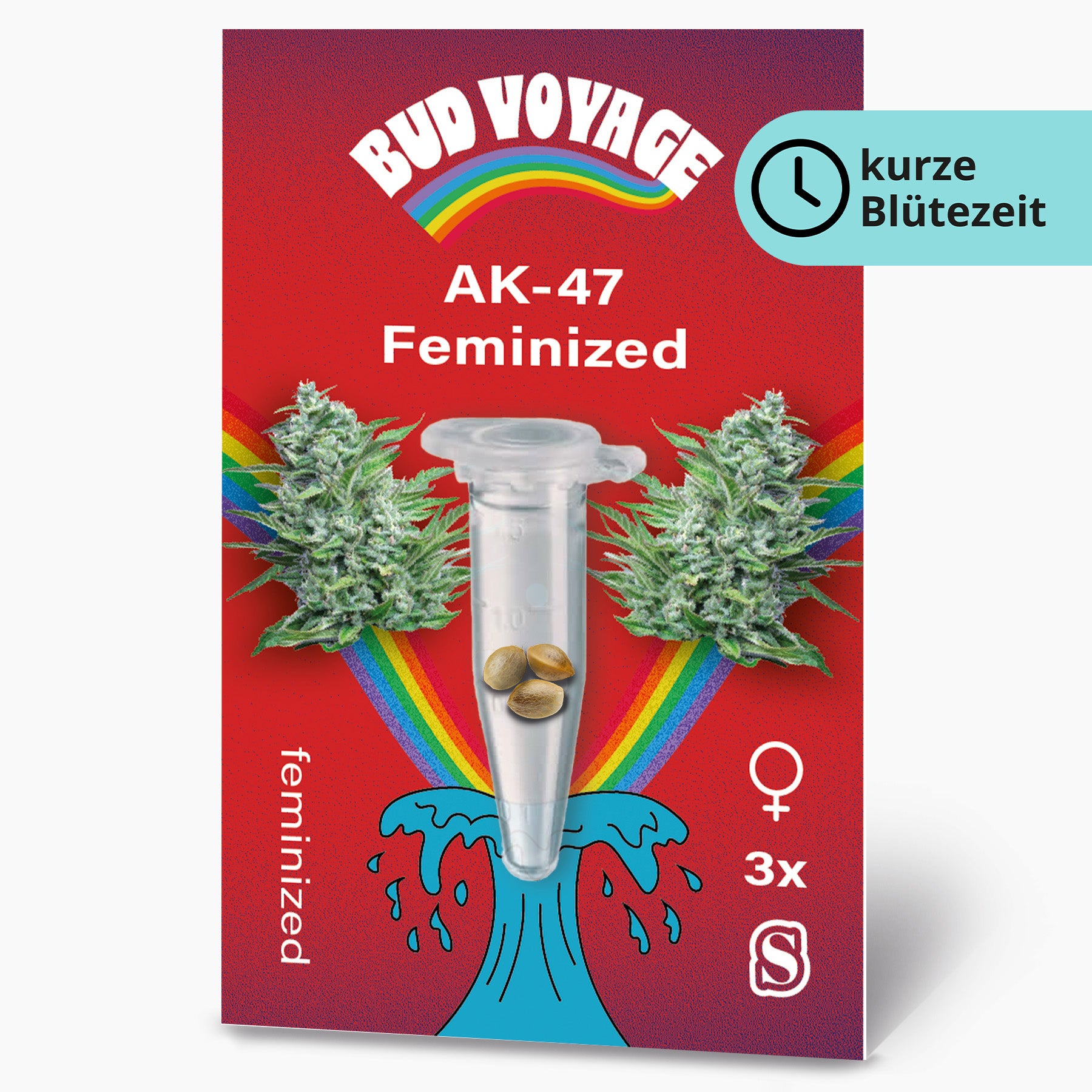 Balení feminizovaných semen Bud Voyage AK-47 zobrazuje tři semena konopí ve zkumavce na zářivě červeném pozadí s duhou a stylizovanou vlnou, se svěžími zelenými poupaty konopí a barevným logem.
