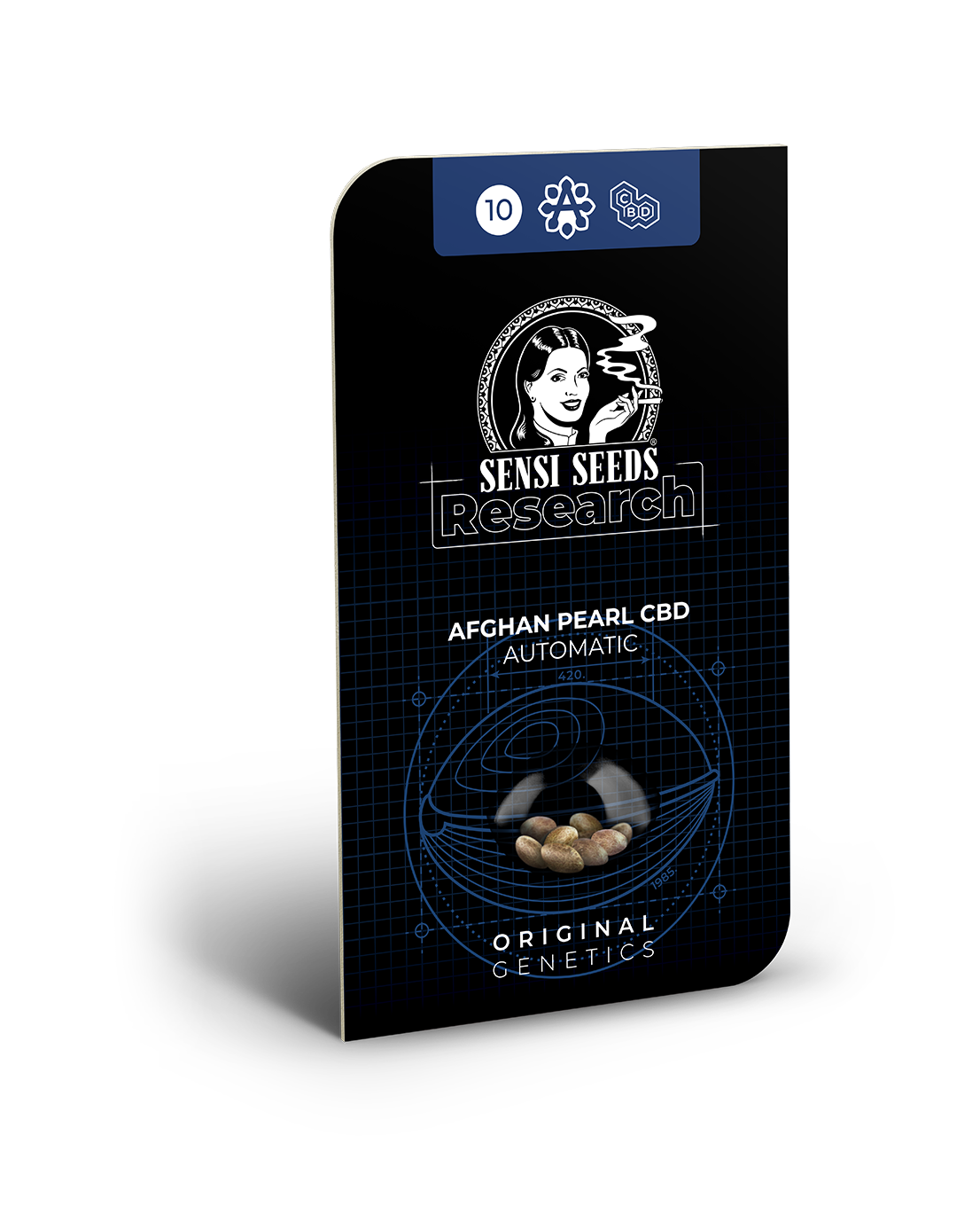 Grafické znázornění produktu Sensi Seeds Research zobrazuje automatická semena CBD Afghan pearl v průhledné nádobě na tmavě modrém pozadí s retro dámou a modrými geometrickými vzory.
