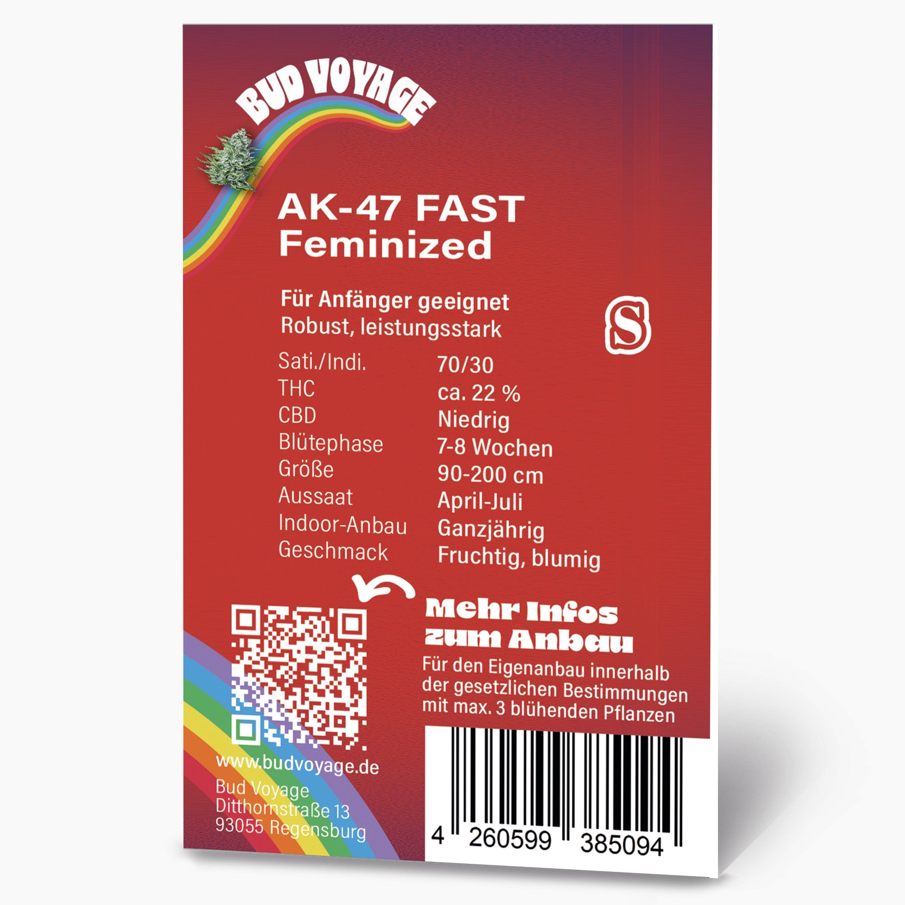 Bud Voyage graphic design, AK-47 Fast Feminized cannabis seed packaging featuring a rainbow, QR code, and barcode with fruity and floral details.
