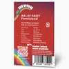 Bud Voyage graphic design, AK-47 Fast Feminized cannabis seed packaging featuring a rainbow, QR code, and barcode with fruity and floral details.
