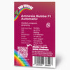 Bud Voyage Produktgrafik: Amnesia Bubba F1 Automatic Samenpackung mit Regenbogen, QR-Code und detaillierter Produktbeschreibung in kräftigem Pink und Weiß
