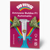 Semena konopí Bud Voyage Amnesia Bubba F1 Automatic zobrazují květy a semena marihuany ve zkumavce s duhovými a tyrkysovými vlnami na vínovém pozadí.
