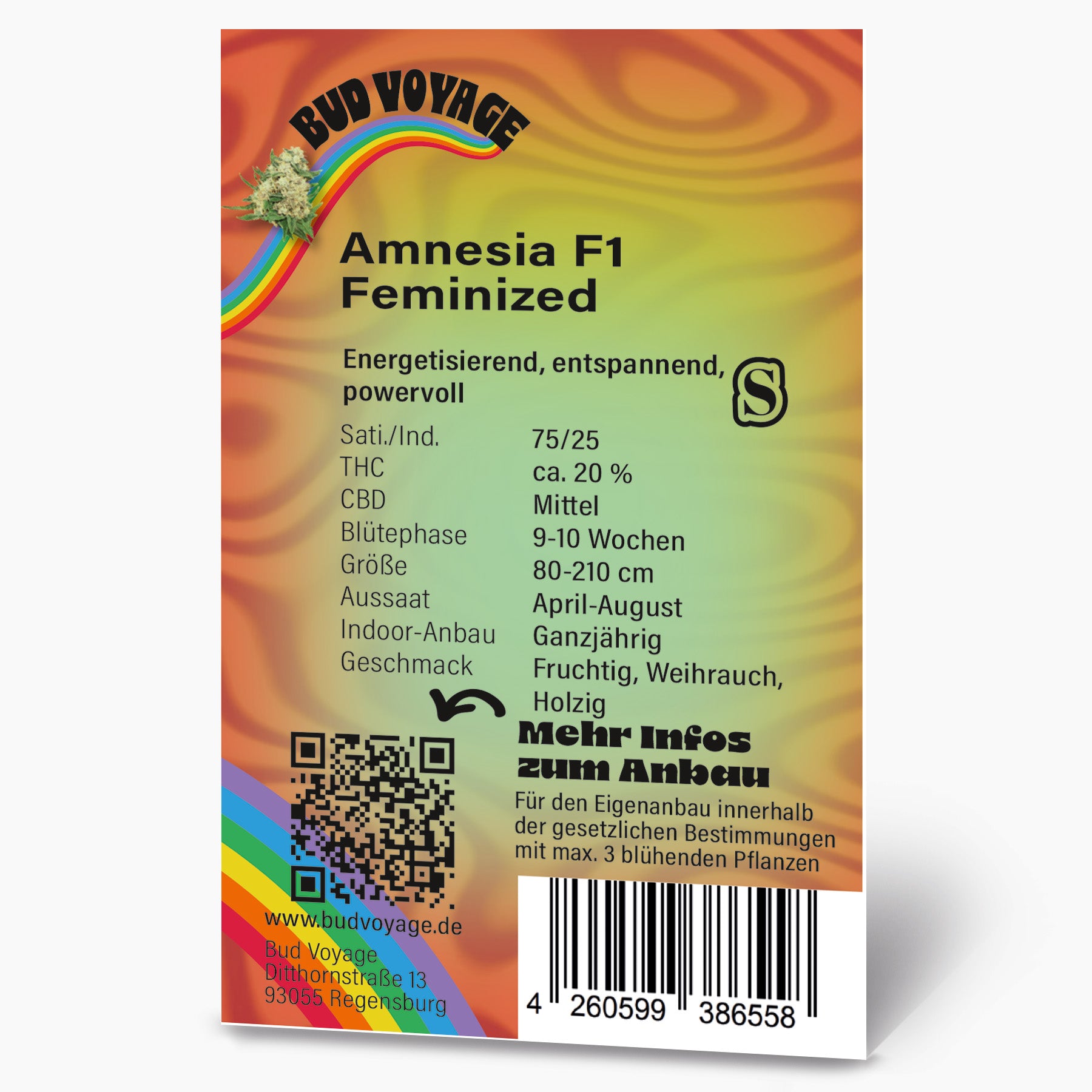 Grafika produktu Bud Voyage: Amnesia F1 feminizovaná semena konopí, duha, QR kód a čárový kód, ovocná a kadidlová příchuť
