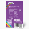 Bud Voyage Grafikdesign: Amnesia Haze F1 Automatic Hanfproduktinformationen mit Regenbogen, QR-Code und Barcode auf lila Hintergrund
