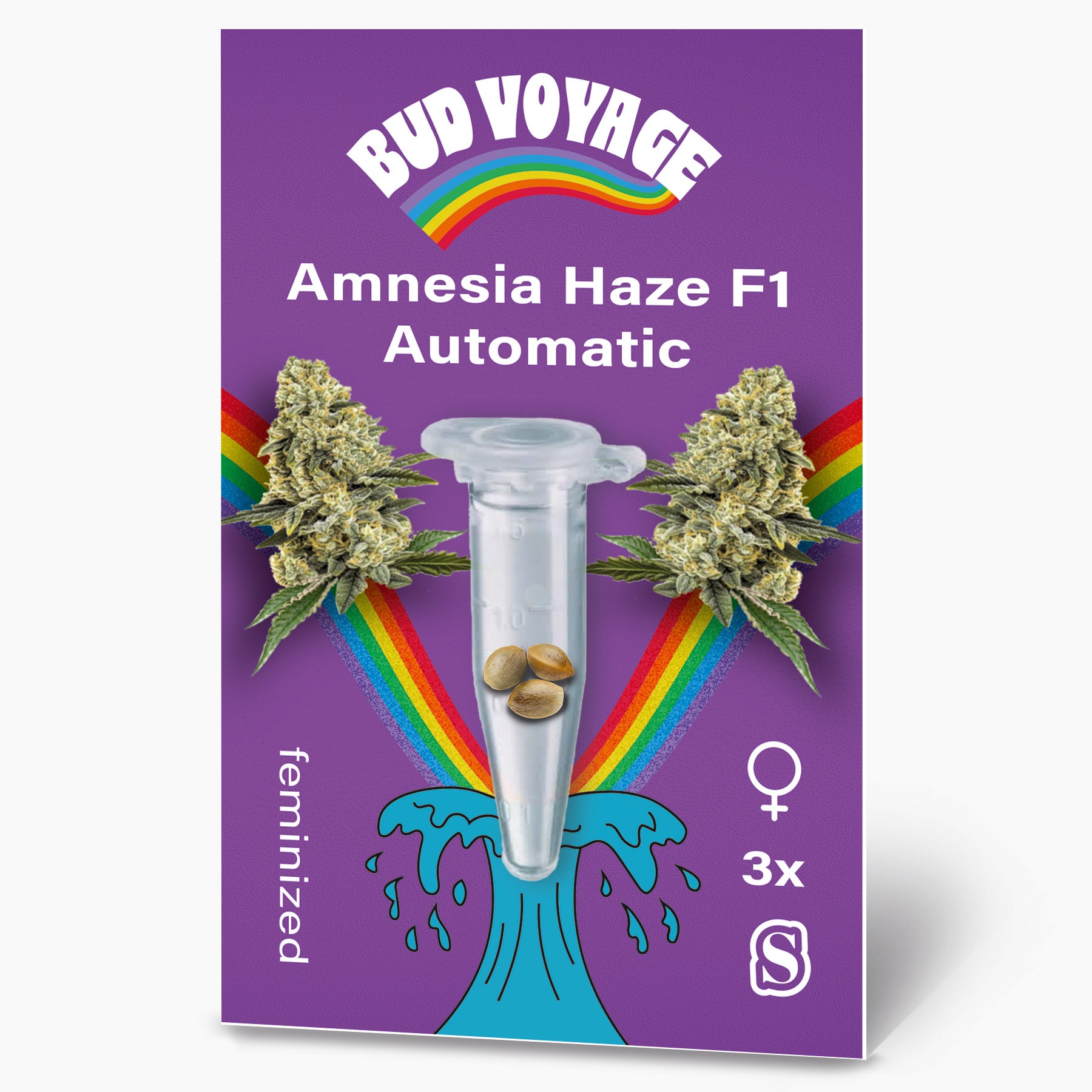 Design Bud Voyage: Amnesia Haze F1 Automatické balení semen s květy konopí, duhou a třemi feminizovanými semeny v průhledné plastové tubě na fialovém pozadí
