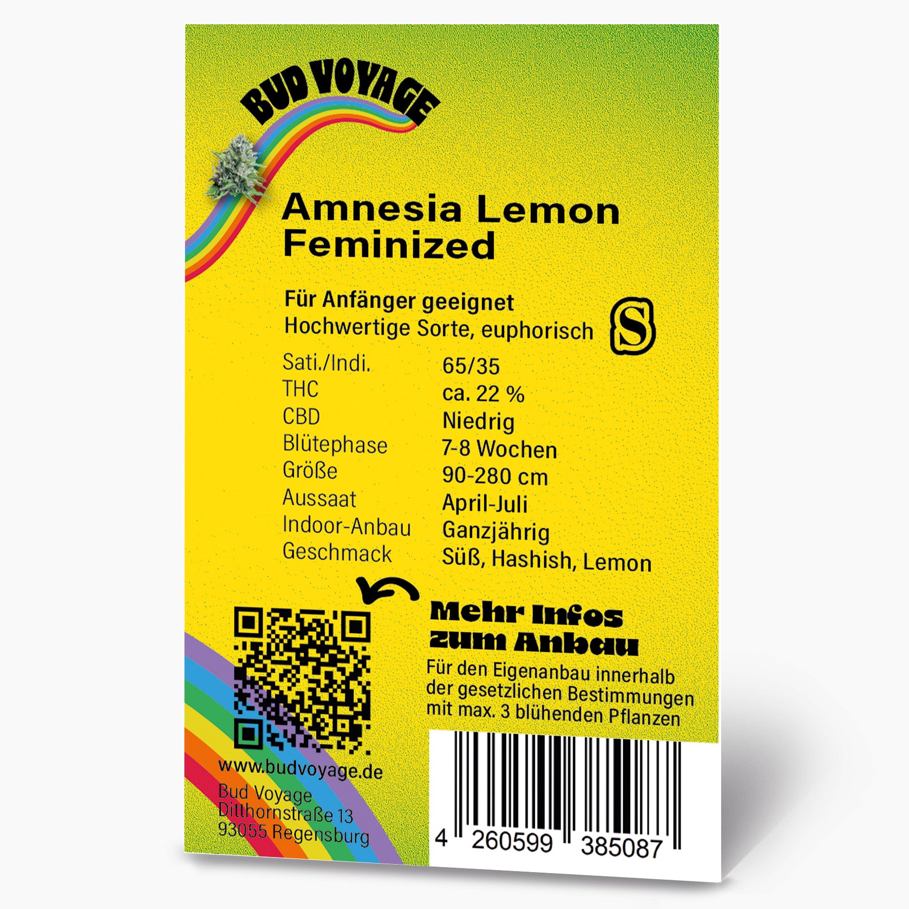 Graphic design by Bud Voyage depicting Amnesia Lemon Feminized cannabis strain information featuring a rainbow, QR code, and barcode on a yellow background