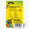 Graphic design by Bud Voyage depicting Amnesia Lemon Feminized cannabis strain information featuring a rainbow, QR code, and barcode on a yellow background
