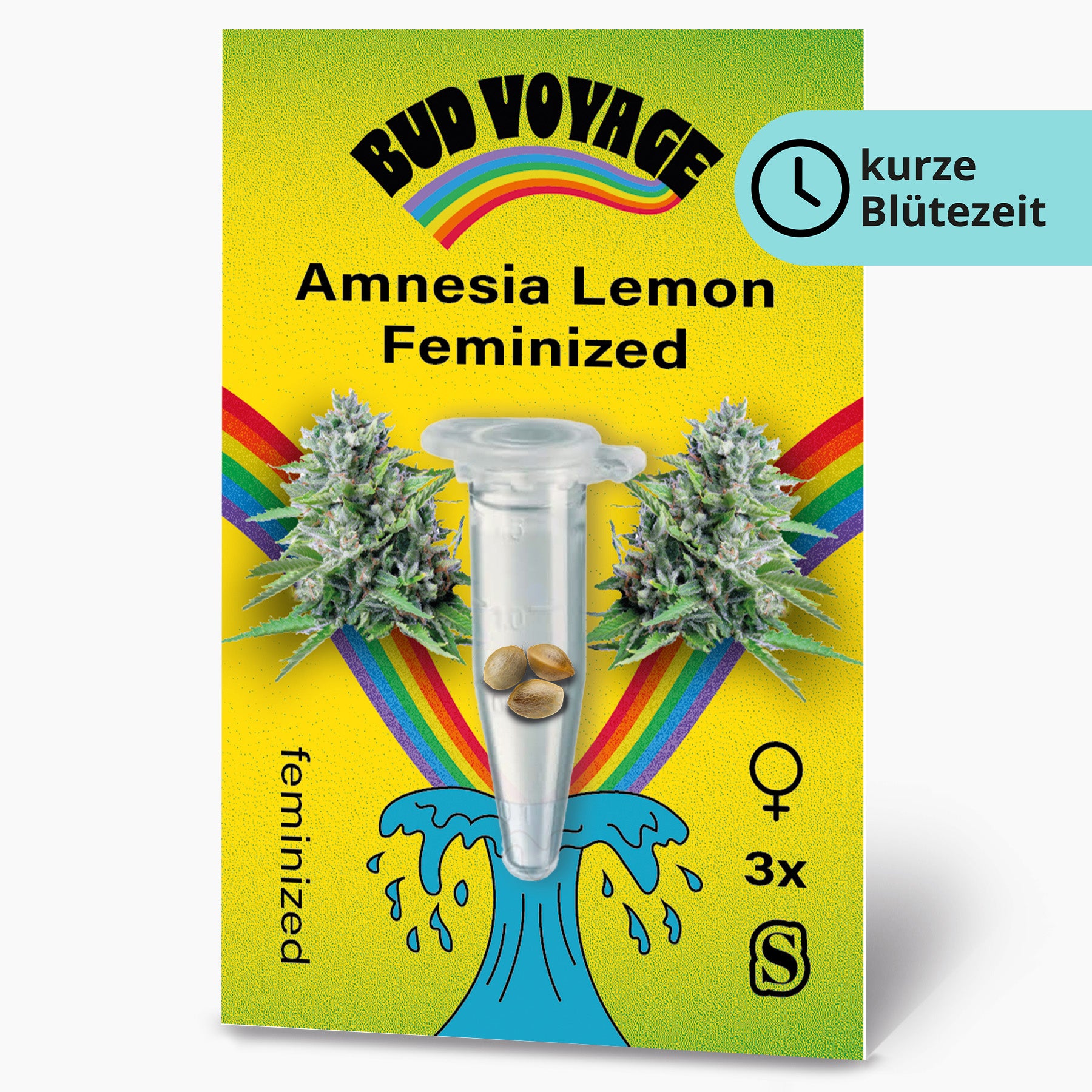 Grafický design Bud Voyage: feminizovaná semena Amnesia Lemon, tři semena ve zkumavce, obklopená květy konopí a duha na žlutém pozadí, zobrazující živé barvy a detailní květy konopí.
