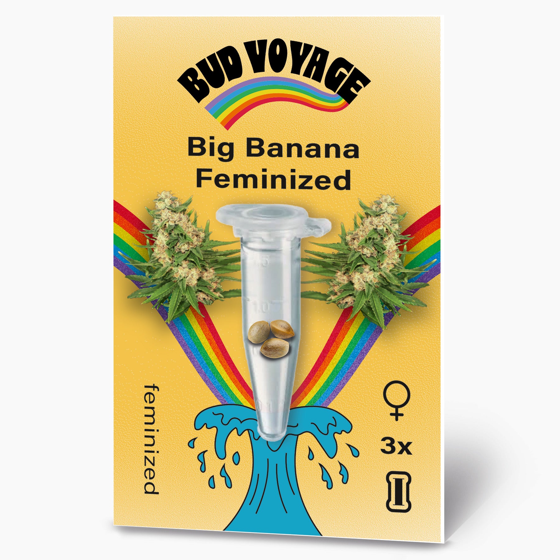 Grafický návrh Bud Voyage: feminizovaná semena konopí Big Banana ve zkumavce před duhou a mořskými vlnami se třemi semeny a kvetoucími rostlinami konopí.
