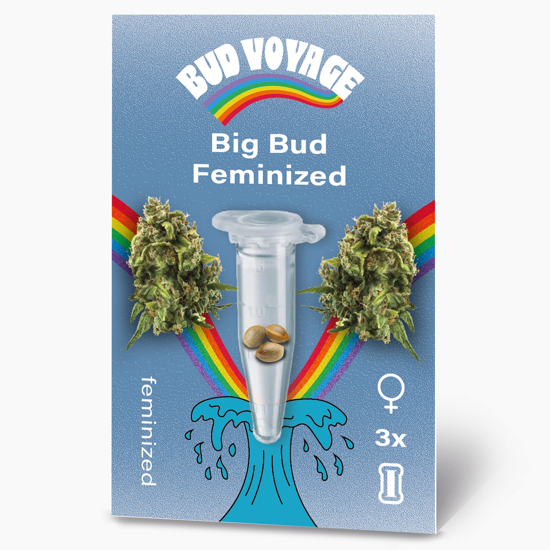 Grafický návrh Bud Voyage: feminizovaná semena konopí Big Bud ve zkumavce před duhovou a tyrkysovou vlnou se třemi semeny, třemi samičími rostlinami a stylizovaným vyobrazením obalu.