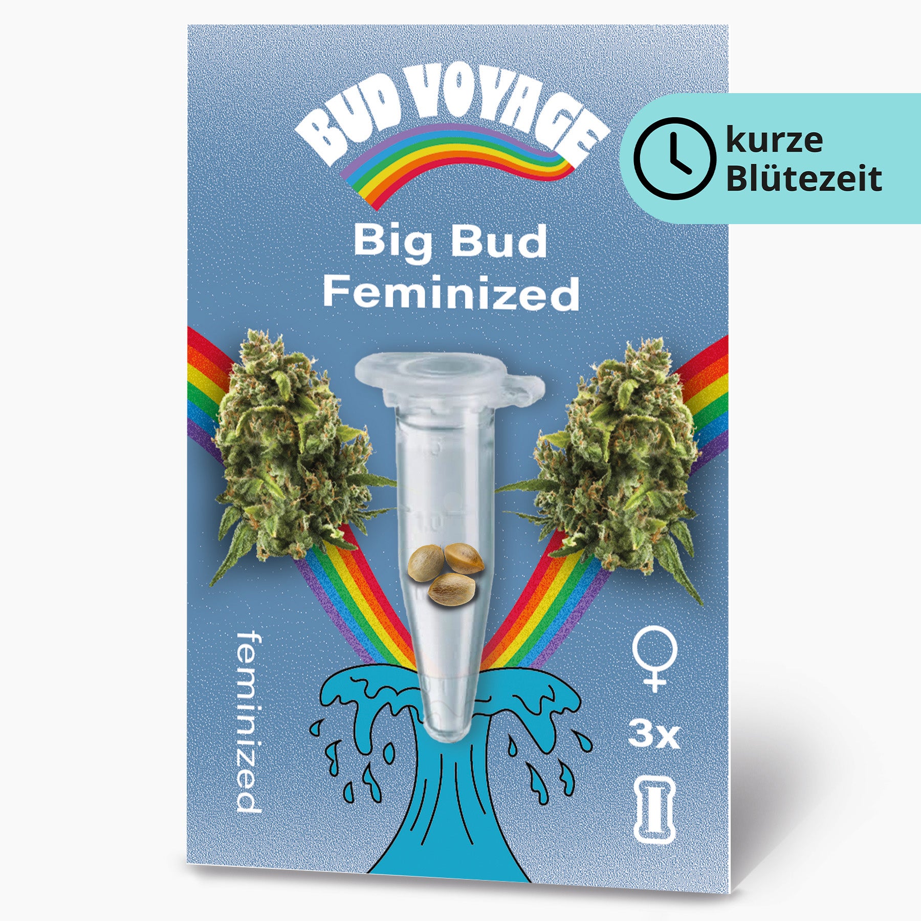 Grafický návrh Bud Voyage: feminizovaná semena konopí Big Bud ve zkumavce, obklopená duhou a vlnami, zobrazující tři semena a dva květy konopí.
