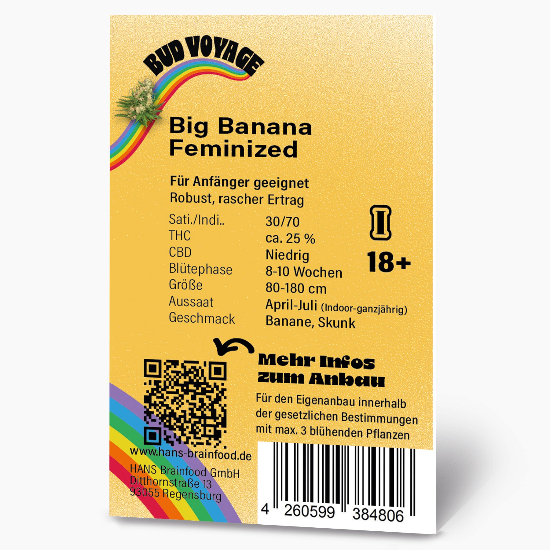 Grafika produktu od HANS Brainfood GmbH: Big Banana feminizovaná semena konopí, duhový design s QR kódem a čárovým kódem, příchuť banán a skunk, věkové omezení 18+.
