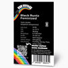 Bud Voyage Grafikdesign: Black Runtz feminisierte Hanfsaat-Produktinformationen mit Regenbogen, QR-Code und Barcode auf schwarzem Hintergrund
