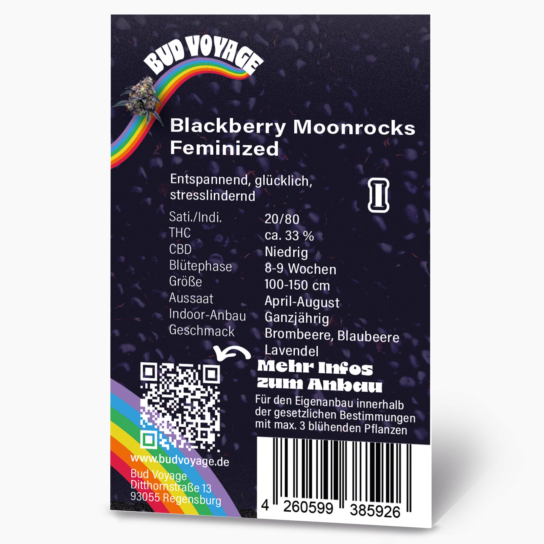 Bud Voyage Produktbild: feminisierte Blackberry Moonrocks Cannabisblüten vor Regenbogenhintergrund mit Brombeer-, Blaubeer- und Lavendelnoten

