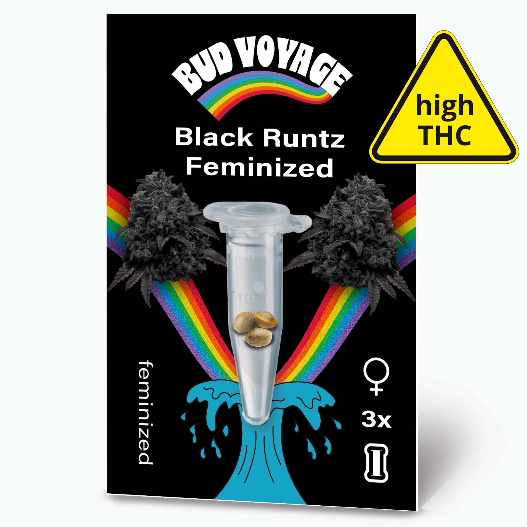 Grafický design Bud Voyage, feminizovaná semena konopí Black Runtz ve zkumavce před duhou a dvěma tmavými květenstvími, viditelná tři semena, upozornění na vysoký obsah THC.
