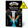 Grafický design Bud Voyage, feminizovaná semena konopí Black Runtz ve zkumavce před duhou a dvěma tmavými květenstvími, viditelná tři semena, upozornění na vysoký obsah THC.