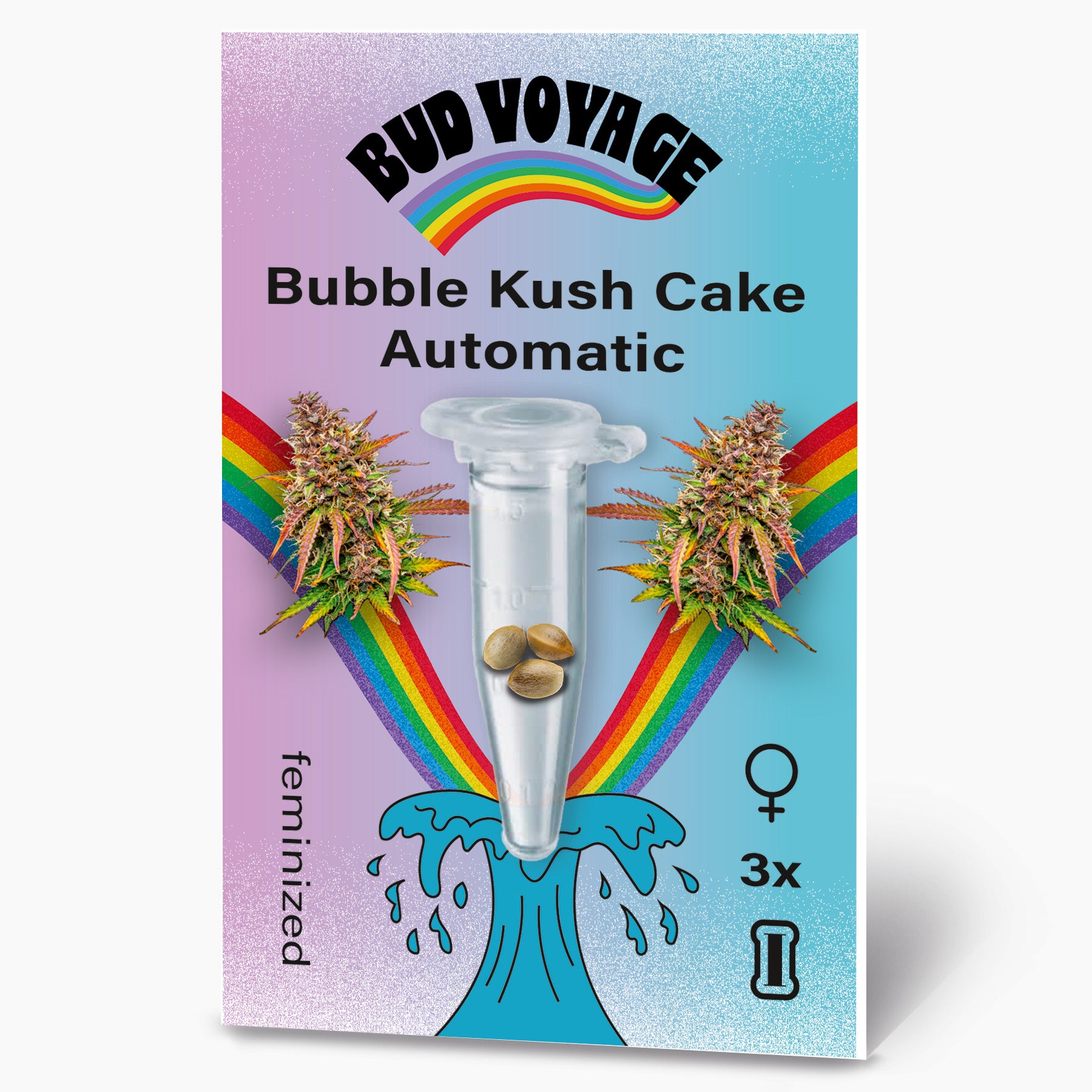 Grafický design Bud Voyage: Bubble Kush Cake Automatická semena ve zkumavce, obklopená duhovými a marihuanovými květy v jasných barvách a se vzorem modré vlny.
