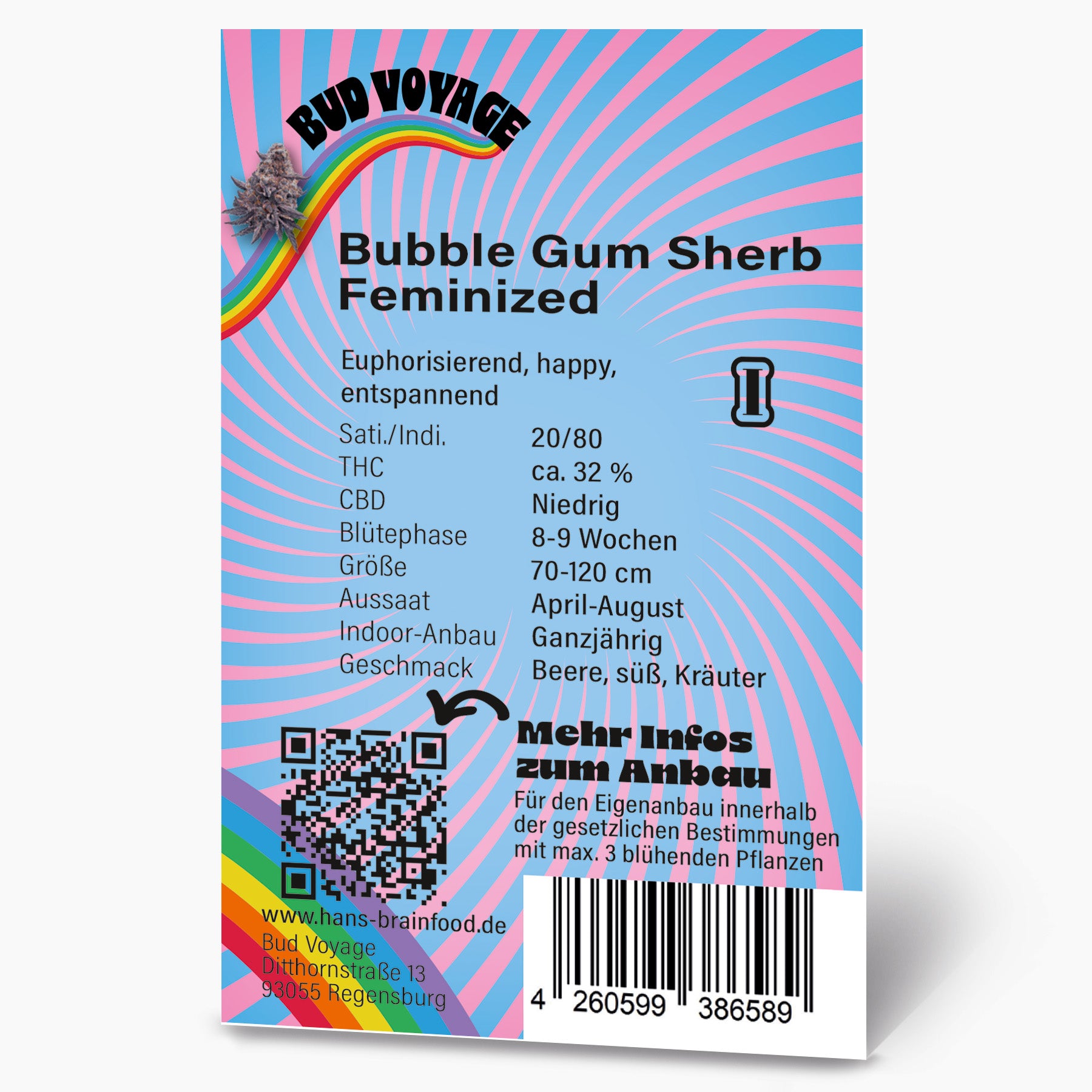 Grafický design Bud Voyage: informace o produktu Feminizovaná semena konopí Bubble Gum Sherb s duhou, QR kódem a čárovým kódem, detailní design v růžové a světle modré barvě.
