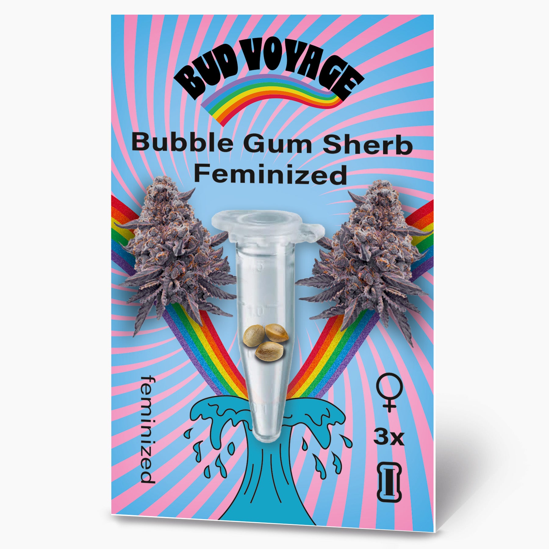Grafický design Bud Voyage: feminizovaná semena Bubble Gum Sherb v průhledné zkumavce před duhovými a pastelovými vlnami s fialovými květenstvími a třemi semeny.
