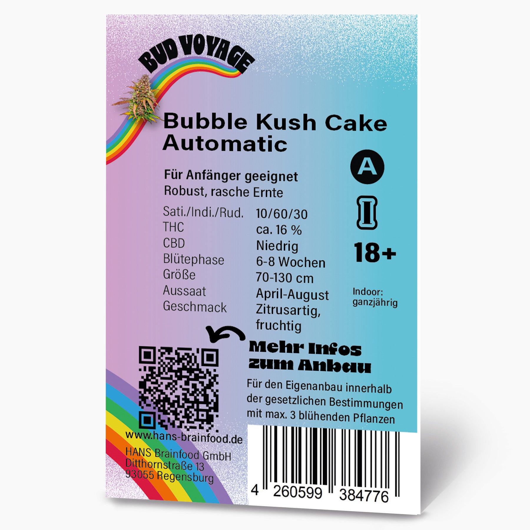 Grafik von Hans Brainfood GmbH,  Produktinformation für Bubble Kush Cake Automatic Hanfsaatgut mit Regenbogen, QR-Code und detaillierter Beschreibung der Pflanze
