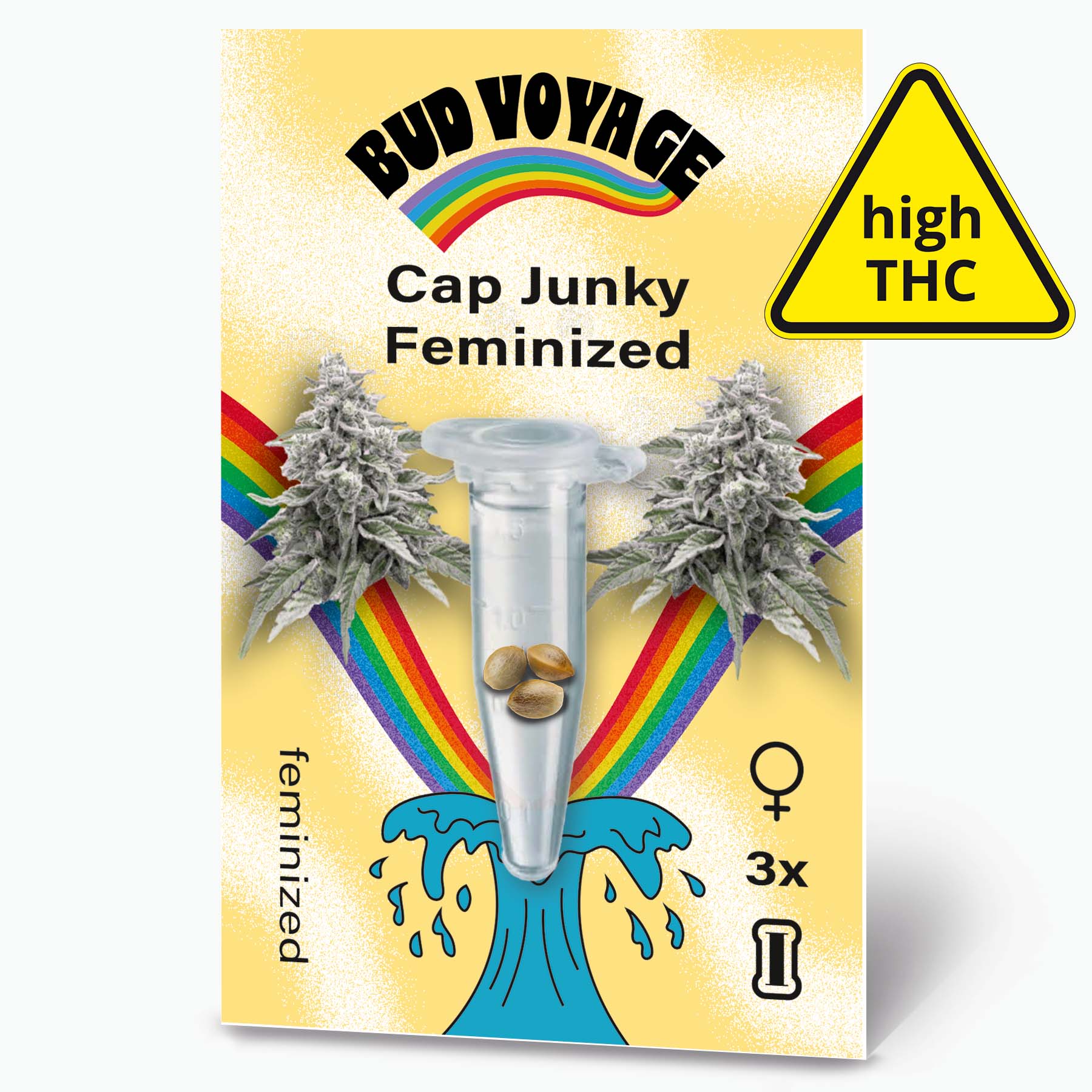 Grafický design Bud Voyage: feminizované balení konopných semínek Cap Junky s duhou, třemi semínky ve zkumavce a stylizovanou vlnou, vysoký obsah THC
