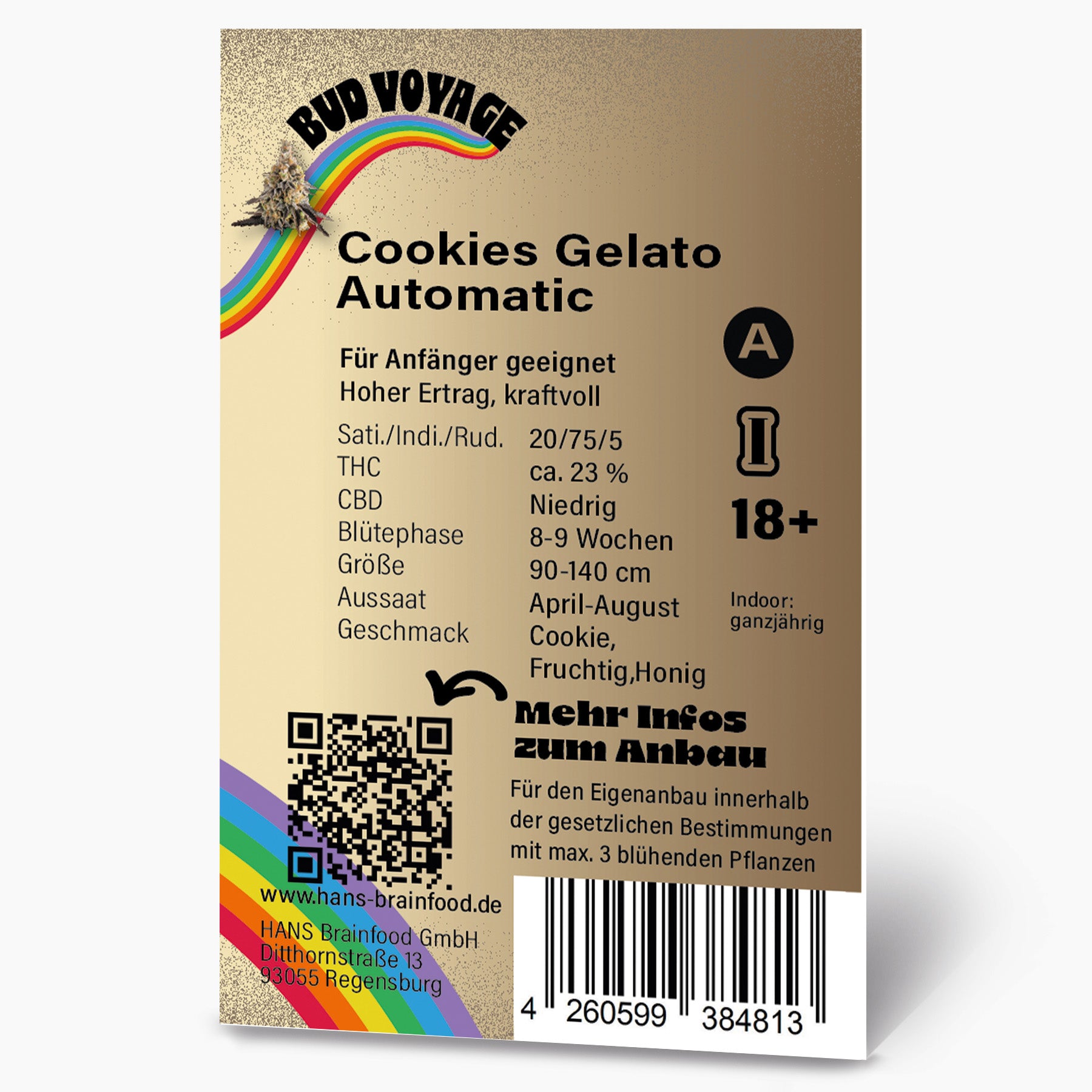 Grafika Hans Brainfood GmbH: Cookies Gelato Automatický obal na semínka s duhou, QR kódem a podrobnými informacemi o produktu v béžové a zlaté barvě.