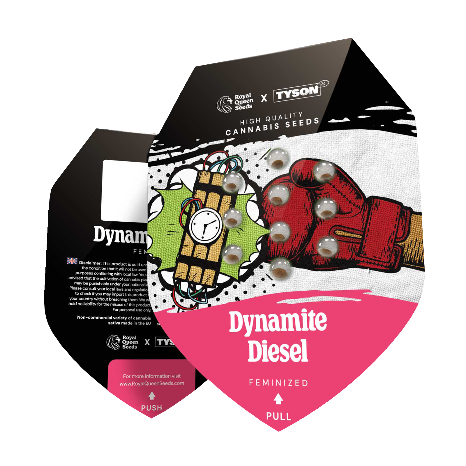 Grafický design Royal Queen Seeds x Tyson 2.0: feminizované konopné semínko Dynamite Diesel s vybuchující bombou, červenou boxerskou rukavicí a několika konopnými semínky v živém pop-artovém stylu.
