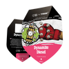 Grafický design Royal Queen Seeds x Tyson 2.0: feminizované konopné semínko Dynamite Diesel s vybuchující bombou, červenou boxerskou rukavicí a několika konopnými semínky v živém pop-artovém stylu.
