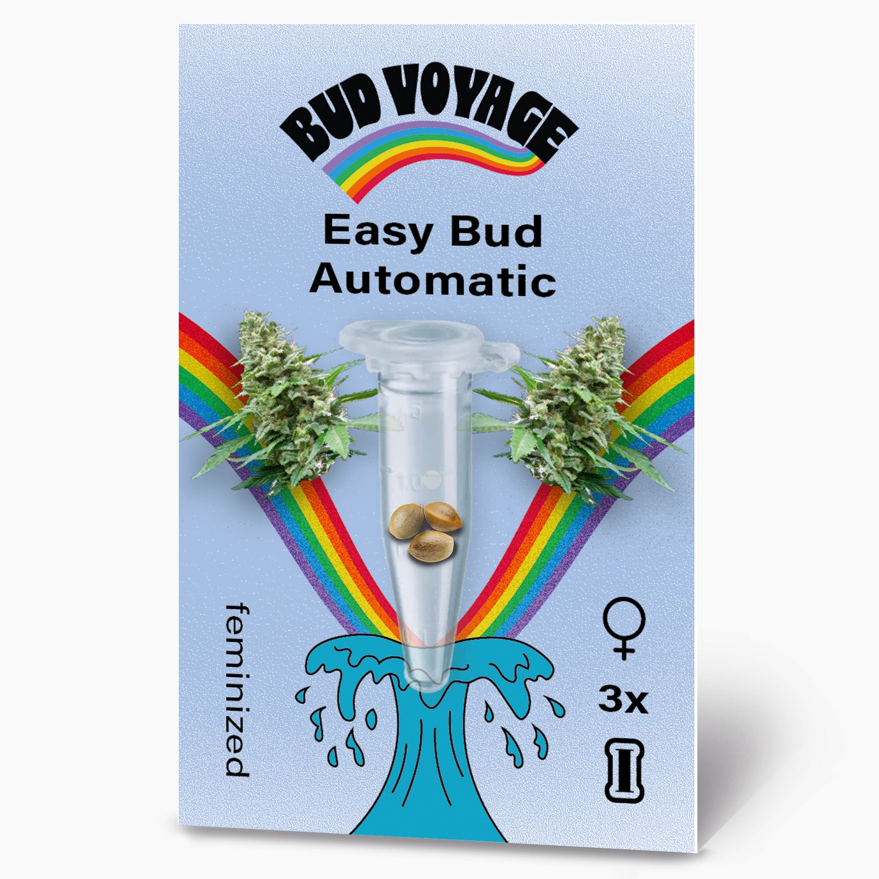 Balíček semen Bud Voyage Easy Bud Automatic zobrazuje poupata marihuany, duhu a tři feminizovaná semena ve zkumavce na světle modrém pozadí.