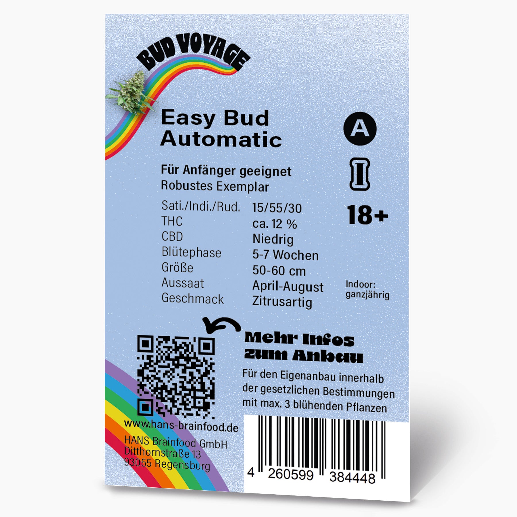 Obrázek produktu od HANS Brainfood GmbH: Balíček semen Easy Bud Automatic s duhou, květem marihuany a QR kódem, vhodný pro pěstování v interiéru

