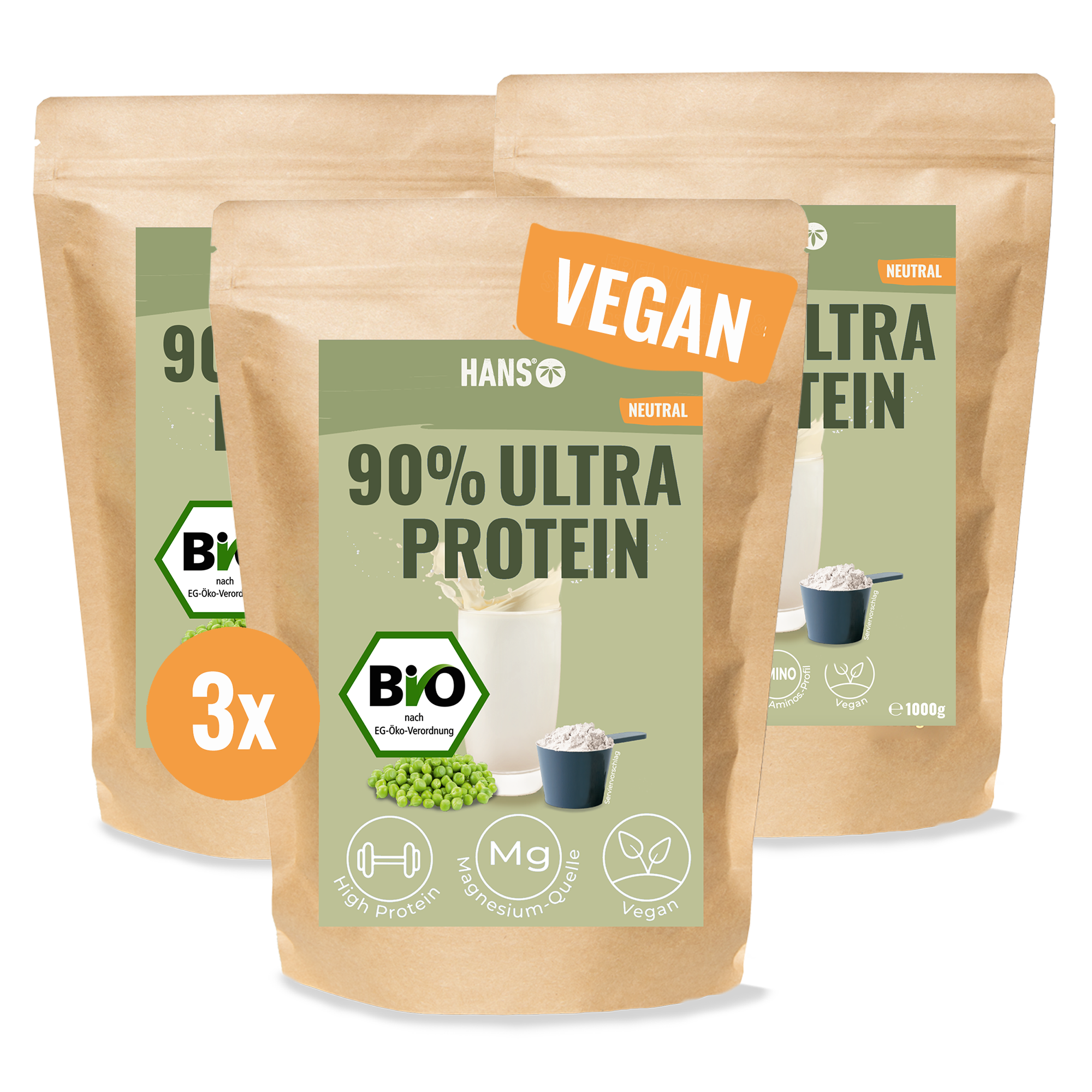 Hans® Produktfotografie: Drei Packungen veganes 90% Ultra Protein in braunen Beuteln mit Erbsen, Magnesium und Bio-Siegel auf weißem Hintergrund
