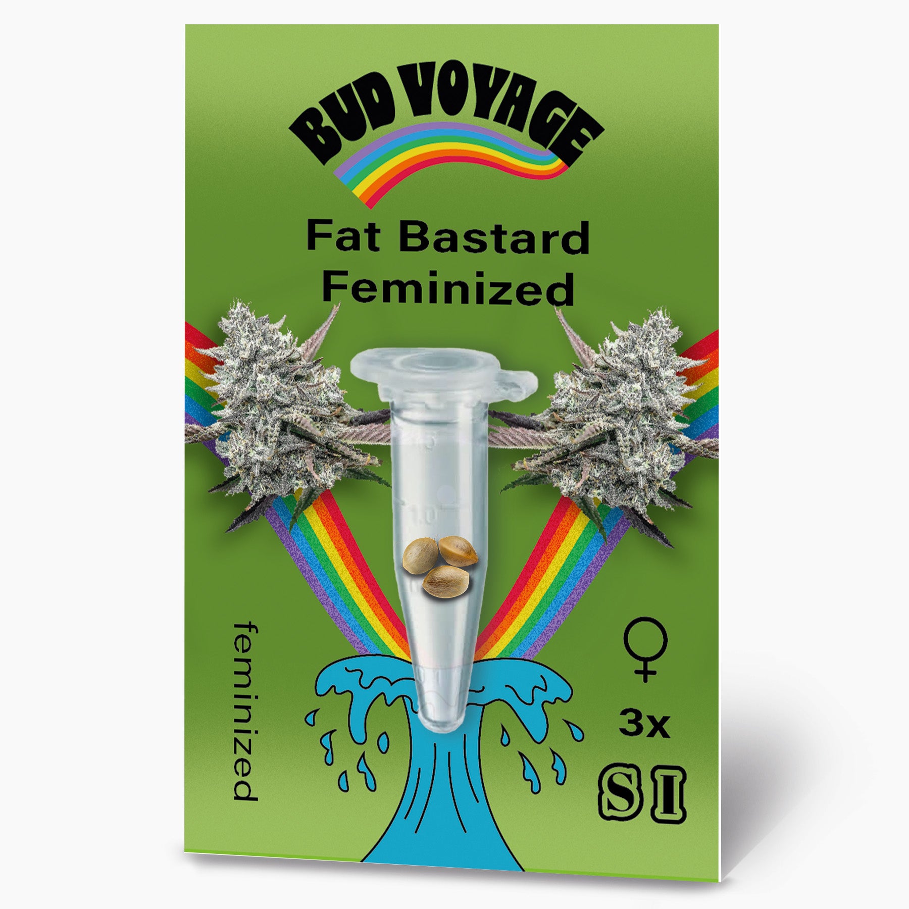 Grafický návrh Bud Voyage: feminizovaná semena konopí Fat Bastard ve zkumavce, obklopená duhovými a marihuanovými poupaty s výraznými zelenými a fialovými odstíny a třemi semeny uvnitř zkumavky.
