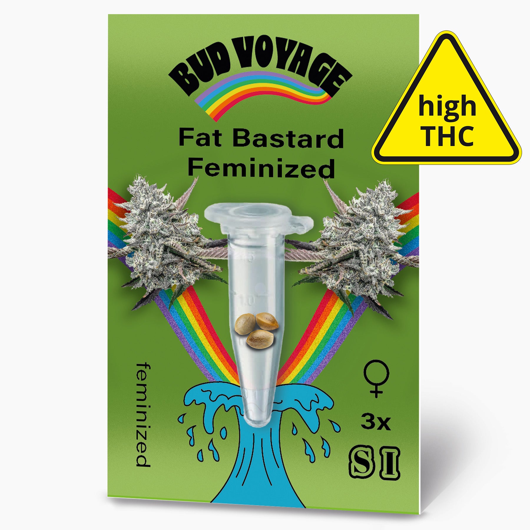 Balíček semen Bud Voyage zobrazuje feminizovaná semena konopí Fat Bastard ve zkumavce s duhovými a tyrkysovými vlnami, tři semena s vysokým obsahem THC.