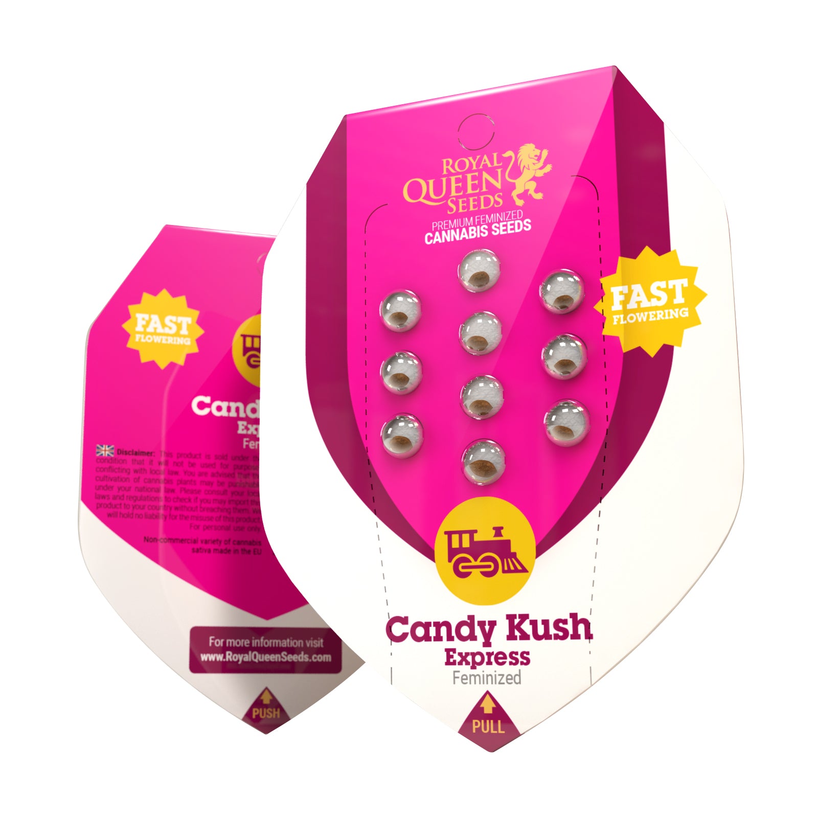Obrázek produktu Royal Queen Seeds: feminizovaná semena konopí Candy Kush Express v růžovém balení s designem lokomotivy a průhlednými kapslemi, na kterých jsou vidět semena.
