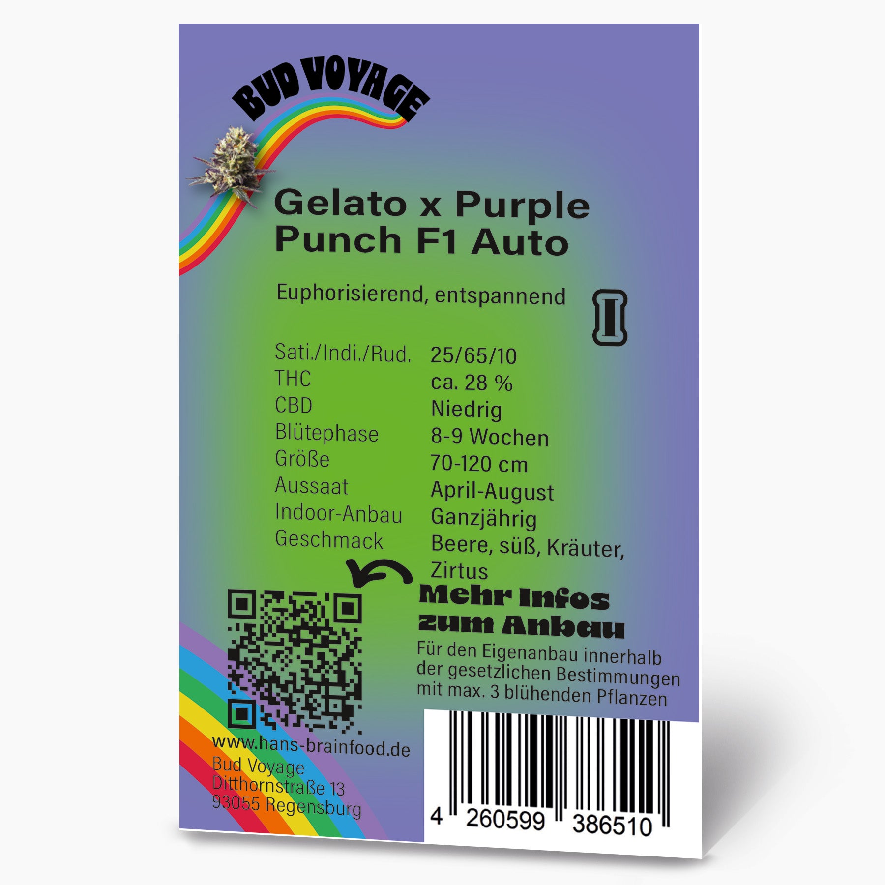 Grafika produktu Bud Voyage zobrazuje konopí Gelato x Purple Punch F1 Auto s duhou a QR kódem na fialovo-zeleném pozadí s ovocnými nuancemi a sladkou bylinnou příchutí.
